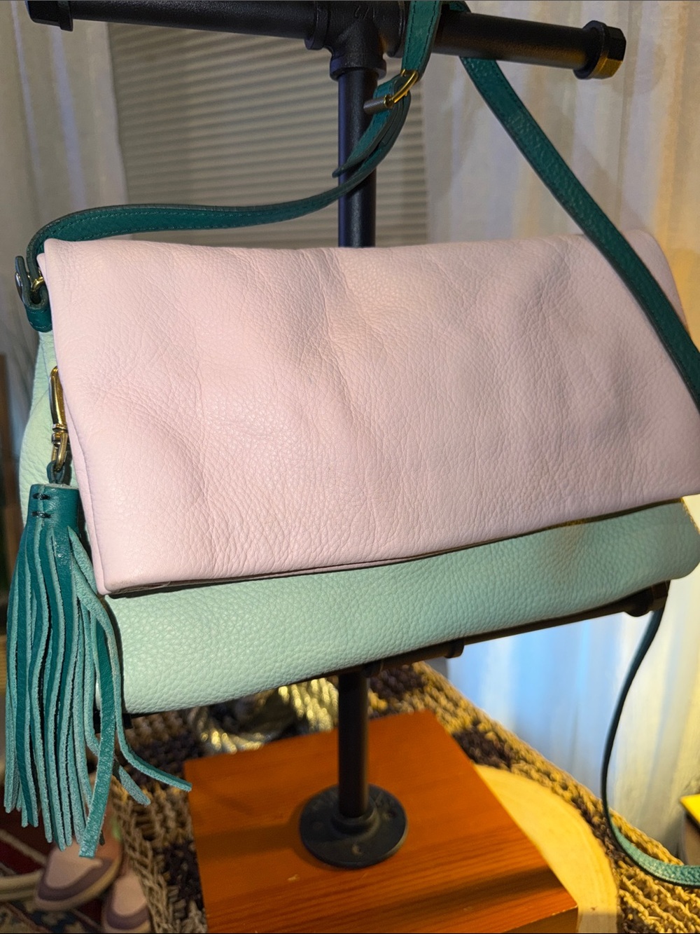 J. Crew Pink and Mint Leather Crossbody with Tassel